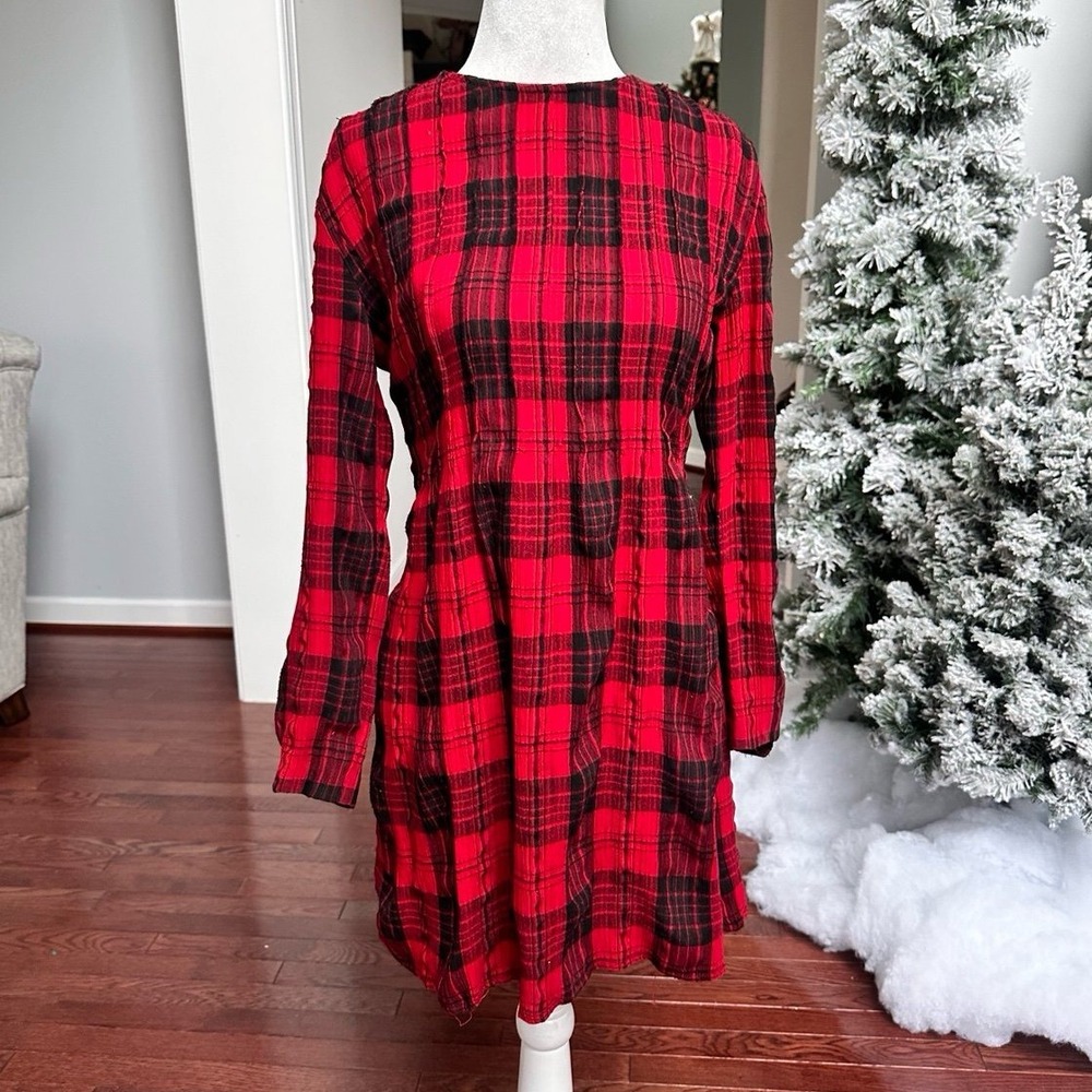 Vintage 2000s Positive Attitude Red Black Plaid Long Sleeve Tie Back Dress